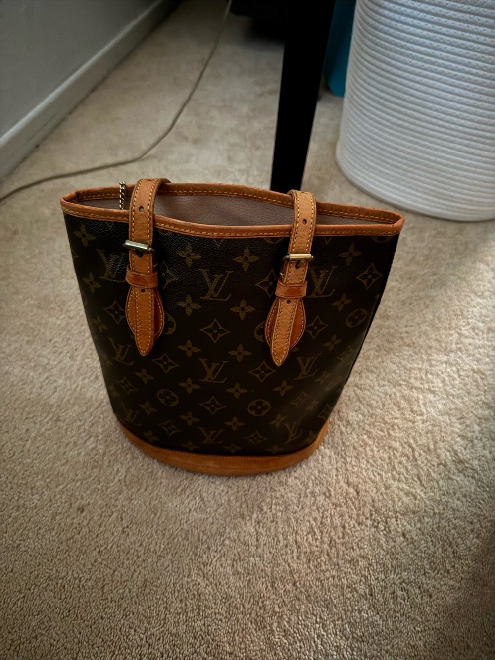 EUC Louis Vuitton Monogram Canvas PM Bucket Tote with Tan Leather Trim
